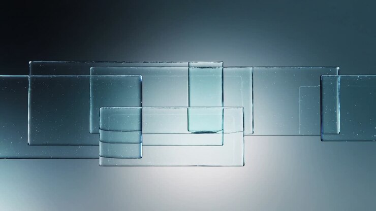 Sliding glass panes forming stacked matrix with motion starting in studio, with support line, glow