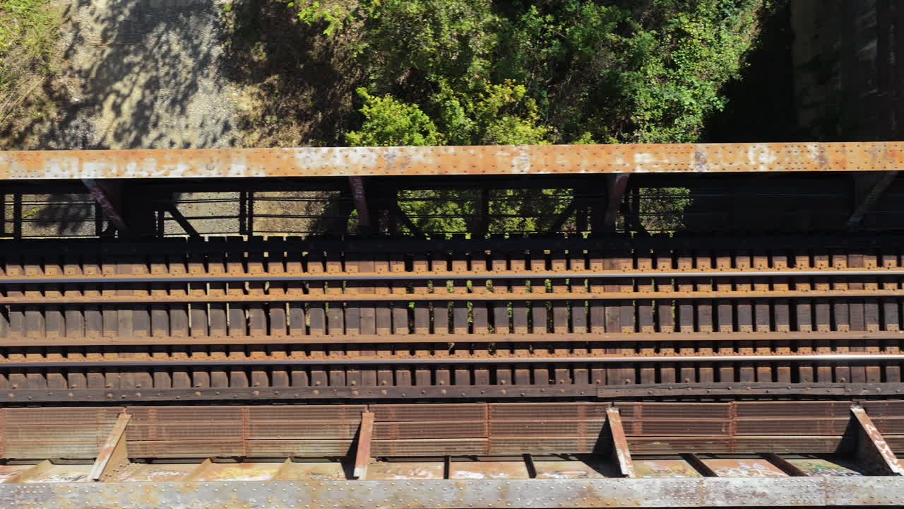 Vista aérea de un antiguo puente y vías ferroviarias.