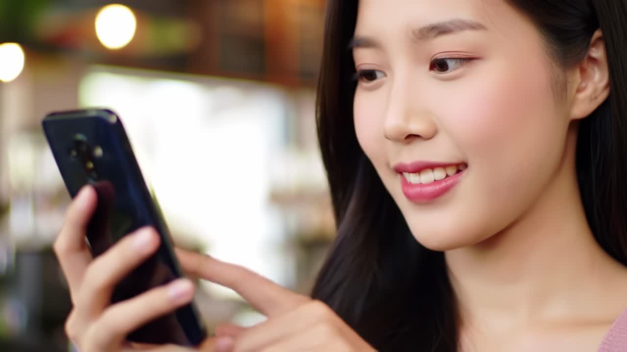 A Young Woman Smiling While Using Her Smartphone, Showcasing a Sense of Accomplishment and Satisfaction Over Successful Interaction with Technology
