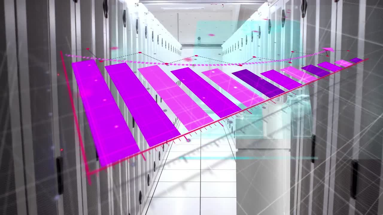 animación de gráficos rosados y procesamiento de datos a través de servidores en la sala de servidores de computadoras