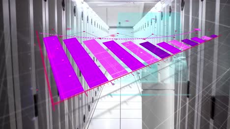 Animation-of-pink-graph-and-data-processing-over-servers-in-computer-server-room