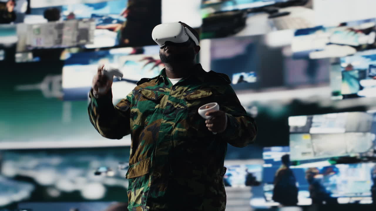 African american soldier uses virtual reality headset to monitor surveillance