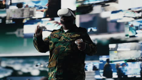african american soldier uses virtual reality headset to monitor surveillance