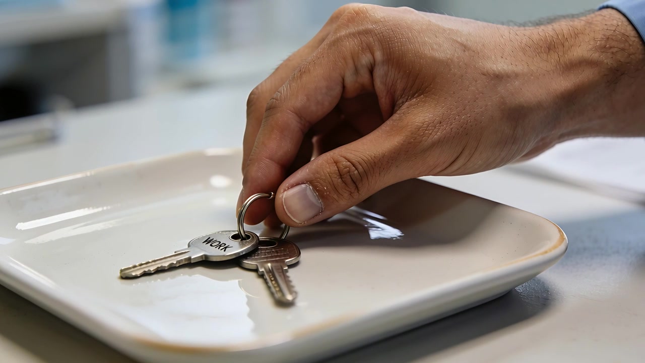 Sollevando la mano destra con la manica blu, posiziona un portachiavi con l'etichetta "WORK" su un piattino bianco sulla scrivania per sistemare le chiavi.