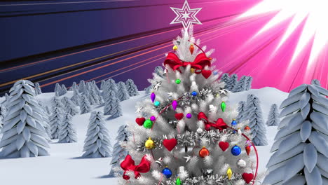 animación del paisaje de la tierra de invierno y decoración navideña sobre rayos violetas brillantes