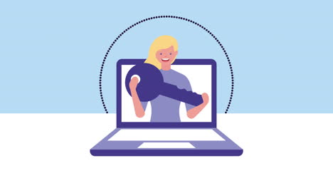 mujer de negocios con llave y portátil personaje avatar