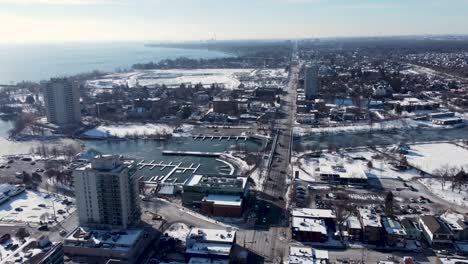 flying over a frozen harbor in downtown mississauga