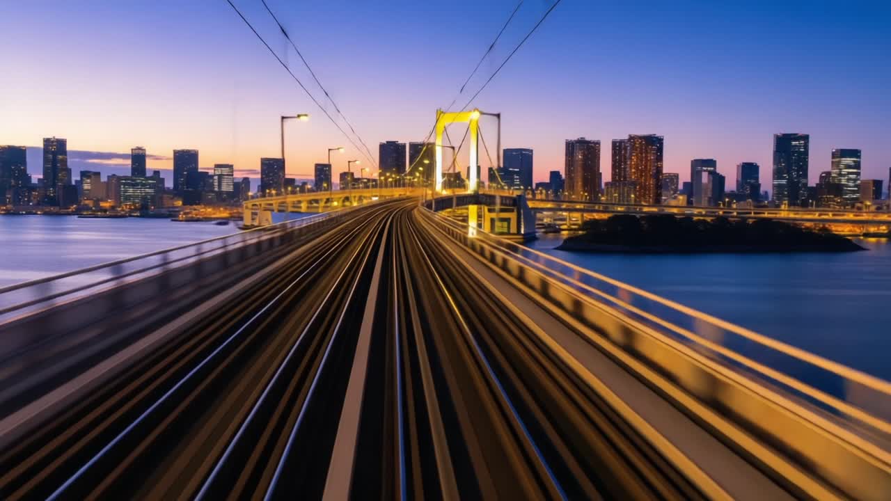 Illuminated Cityscape Over a Vibrant Suspension Bridge: A Journey Through the Night, Capturing the Essence of Urban Life with Dynamic Train Tracks and Reflective Waters