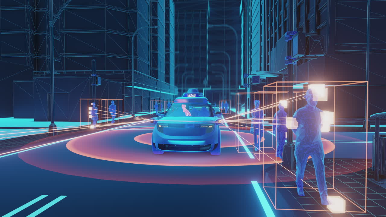 An autonomous taxi navigates a digital wireframe city street, utilizing advanced sensors represented by glowing overlays to detect pedestrians and ensure safe transportation in the future