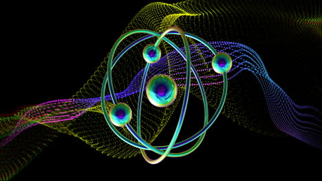 animation of atoms moving over waving multi coloured mesh on black background