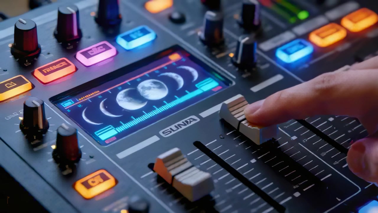 Kommer inn fra høyre, hånd som skyver faderne for gain, trykker på neste fader på studio mikserens måneskjerm.