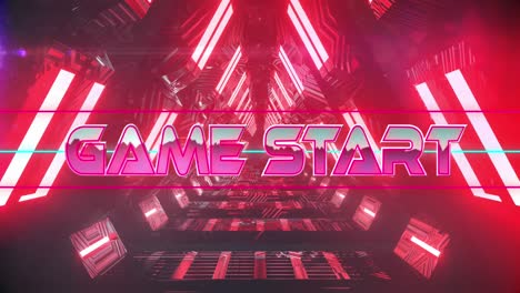 Animation-of-glitch-effect-over-game-start-text-banner-against-neon-red-tunnel-in-seamless-pattern