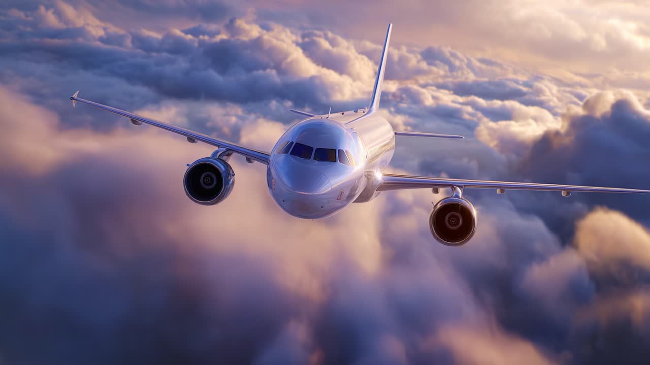 Vista aerea di un aereo moderno che vola attraverso un cielo colorato sopra le nuvole al tramonto, catturando la bellezza dell'aviazione e dei viaggi