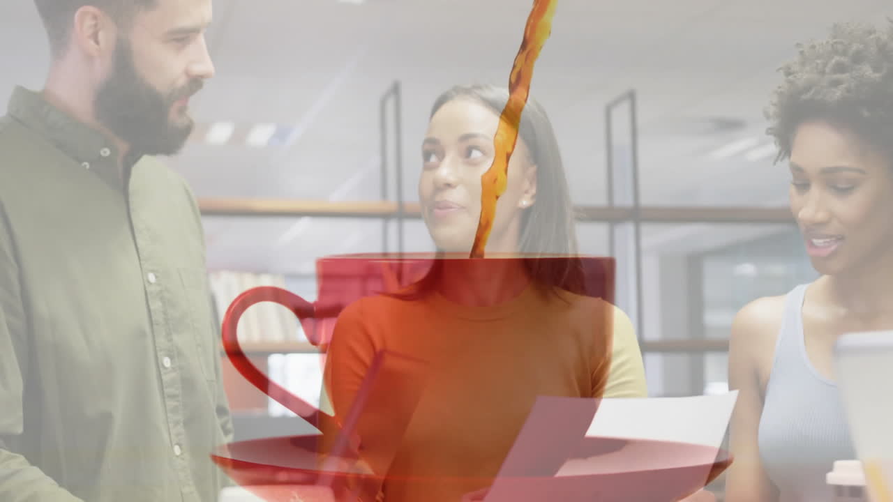 colleagues talking in business office with papers and laptop, showing pouring coffee cup overlay