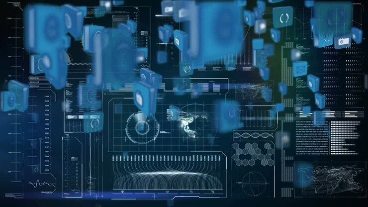 Internet icons floating over a screen with graphs and codes