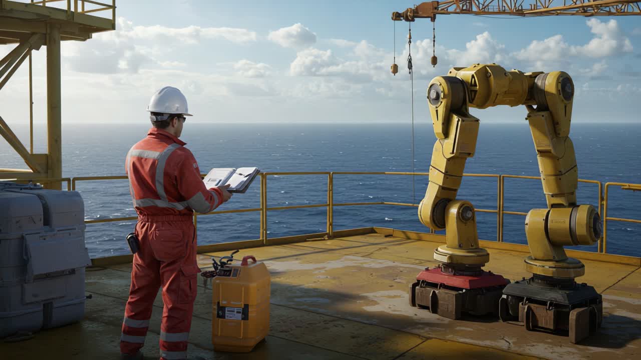 A technician monitors robotic arms on an offshore platform, overseeing automated machinery while ensuring efficient operations and safety in maritime environments