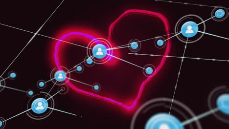 animación de la red de conexiones con iconos digitales sobre un corazón de neón rojo