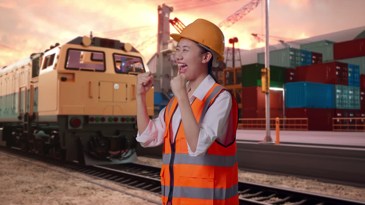 Side View Of Asian Female Engineer With Safety Helmet Screaming Goal Celebrating Working With Freight Cargo Train At Port