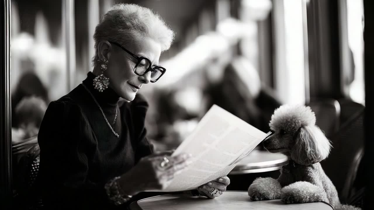 Charming Scene of a Stylish Older Woman Reading a Menu with Her Adorable Poodle at a Cozy Café, Capturing Their Unique Bond in a Black and White Aesthetic