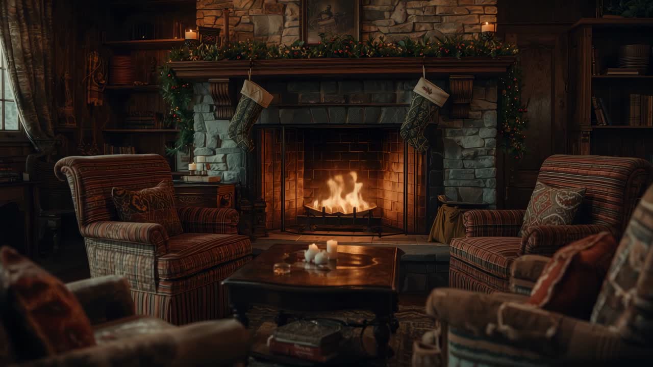 Camera recording flickering fireplace with decorated mantel in living room, evoking festive warmth
