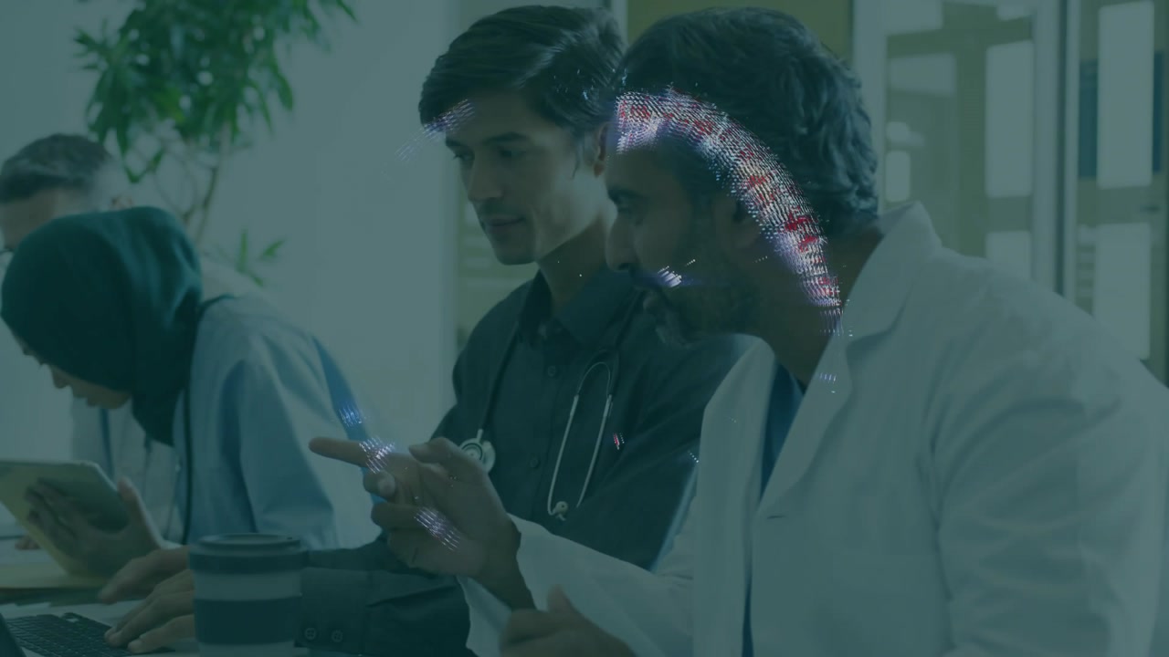 Clinic doctors reacting to hologram overlaying faces, shifting, pointing tablet, reviewing data