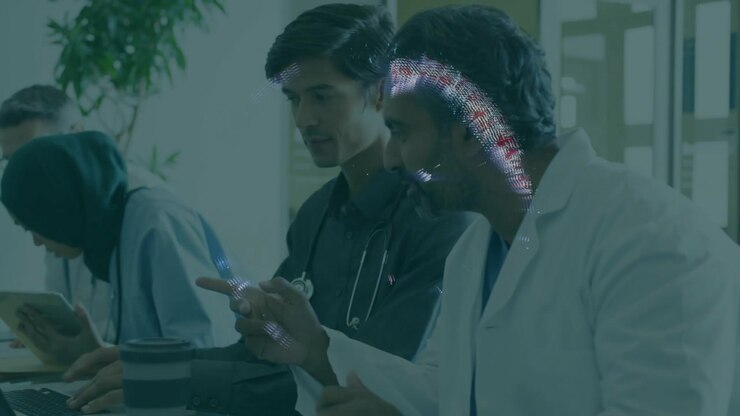Clinic doctors reacting to hologram overlaying faces, shifting, pointing tablet, reviewing data
