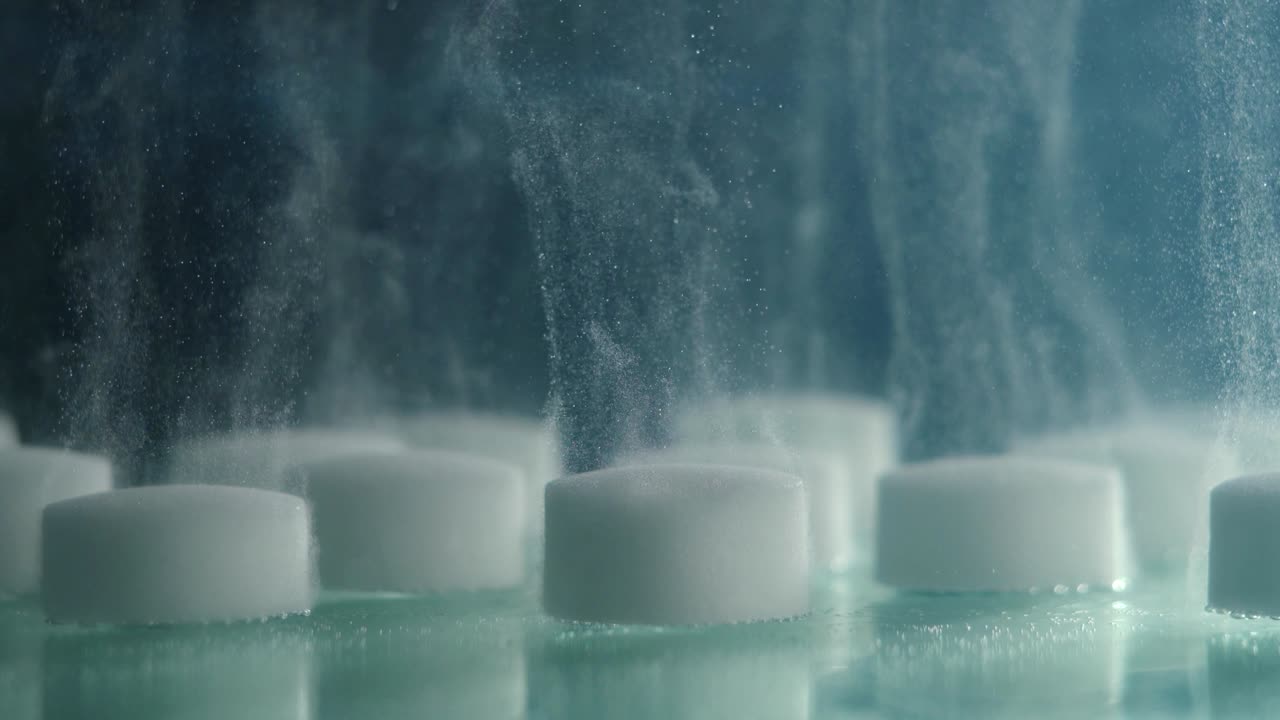 물에 용해되는 색 태블릿의 클로즈업 매크로