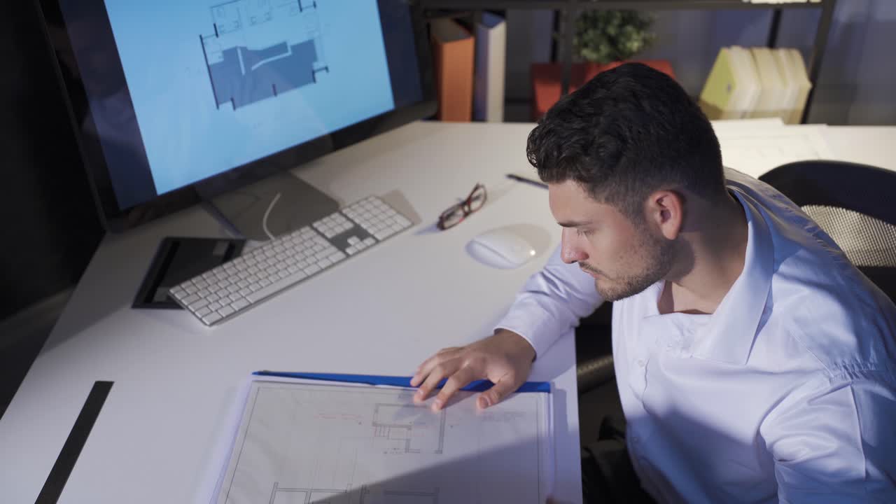 새로운 프로젝트를 위해 현대적인 사무실에서 일하는 남성 디자이너. 인테리어 건축 그림.