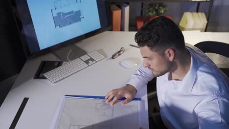 diseñador masculino trabajando en una oficina moderna para un nuevo proyecto. dibujos arquitectónicos interiores.