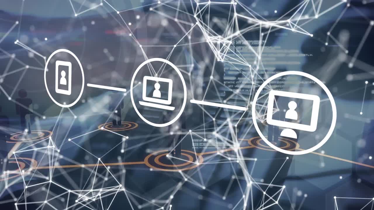 animación de la red de conexiones con iconos y procesamiento de datos sobre las manos escribiendo en el teclado