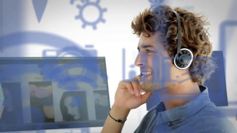 animation of blue icons flying over a man using phone headset at home