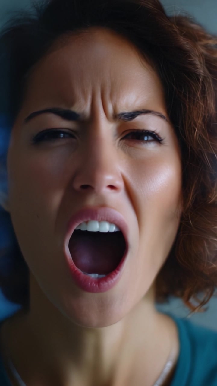 Intense Emotional Expression: A Woman Yelling in Frustration or Anger Depicted in Close-Up Frames, Capturing Raw Feelings in a Moment of Passionate Outburst.