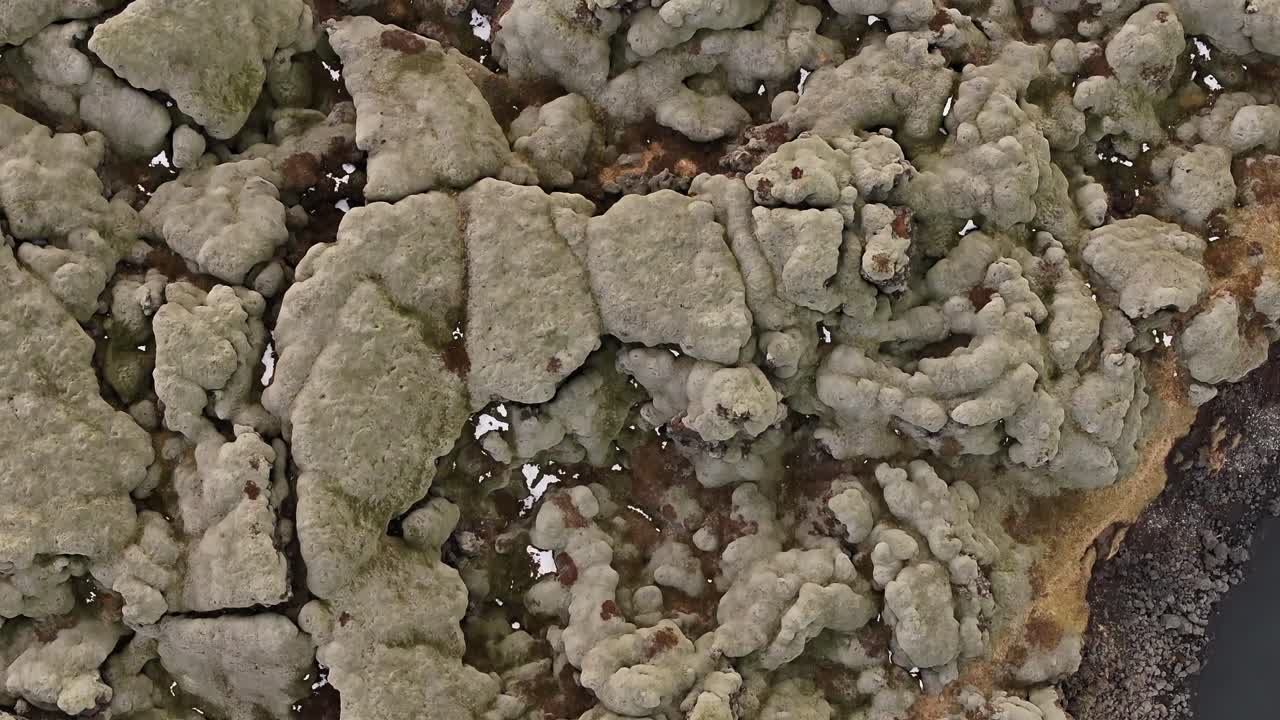 Top-down aerial view into the dramatic Fjaðrárgljúfur Canyon, Iceland. River carves through textured rock formations. Stark Nordic beauty.