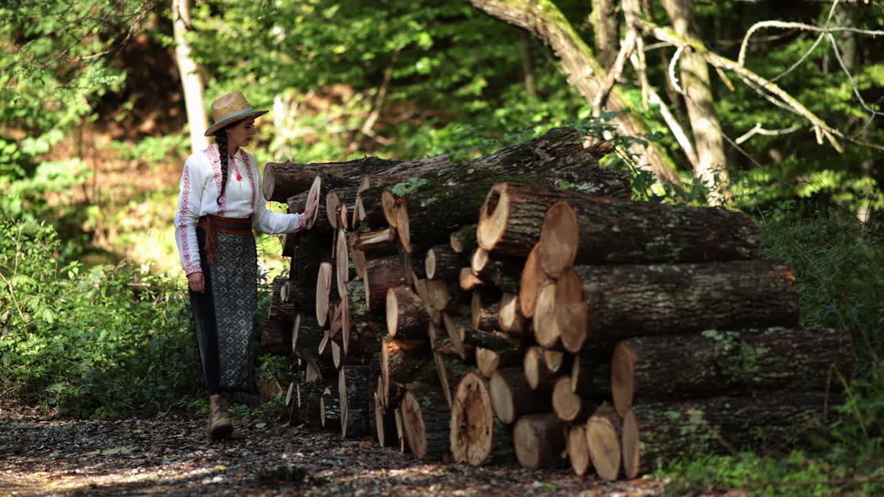 niña rumana toca los árboles cortados 3