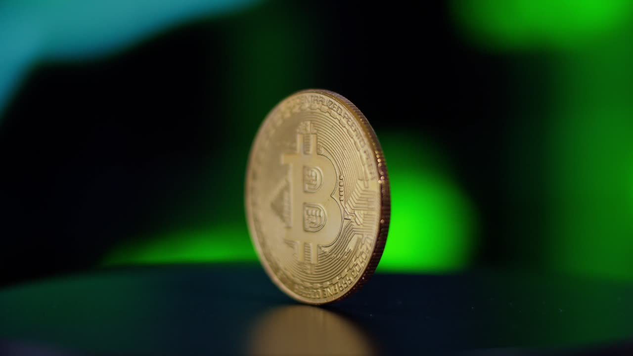 bitcoin girando mientras el gráfico de precios sube en segundo plano