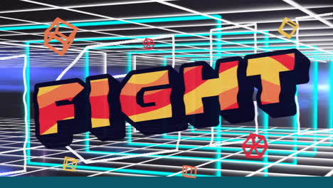 animation of fight text in red, orange and yellow over blue and white tunnel grid background