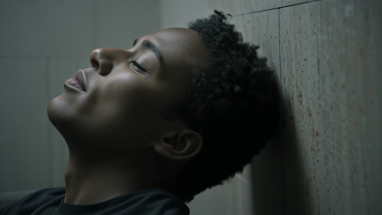 Teen male breathing, lifting chin on tiled wall, health overlay monitoring stress levels