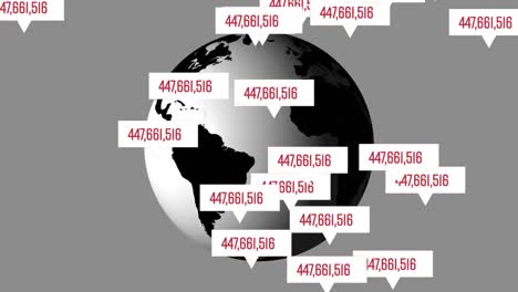 Animación-De-Burbujas-De-Discurso-Con-Números-En-Aumento,-Propagación-De-Covid-19-Y-Giro-Del-Globo