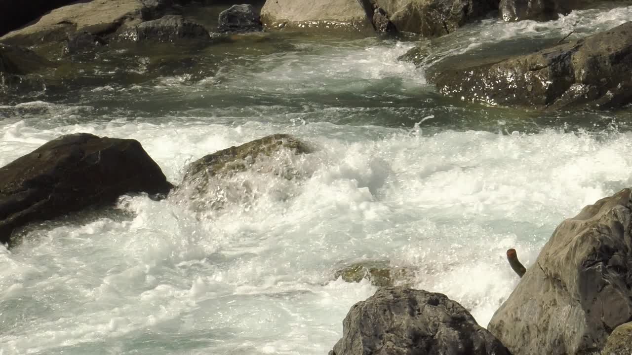 Cold foaming mountain river rushing between rocks, slow motion