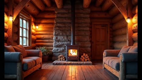 acogedora cabaña de madera sala de estar con chimenea