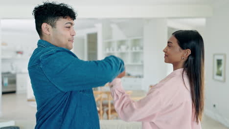 dance, kiss and love with couple in living room