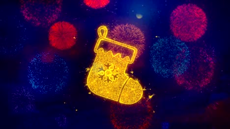 christmas stocking sock icon symbol on colorful fireworks particles.