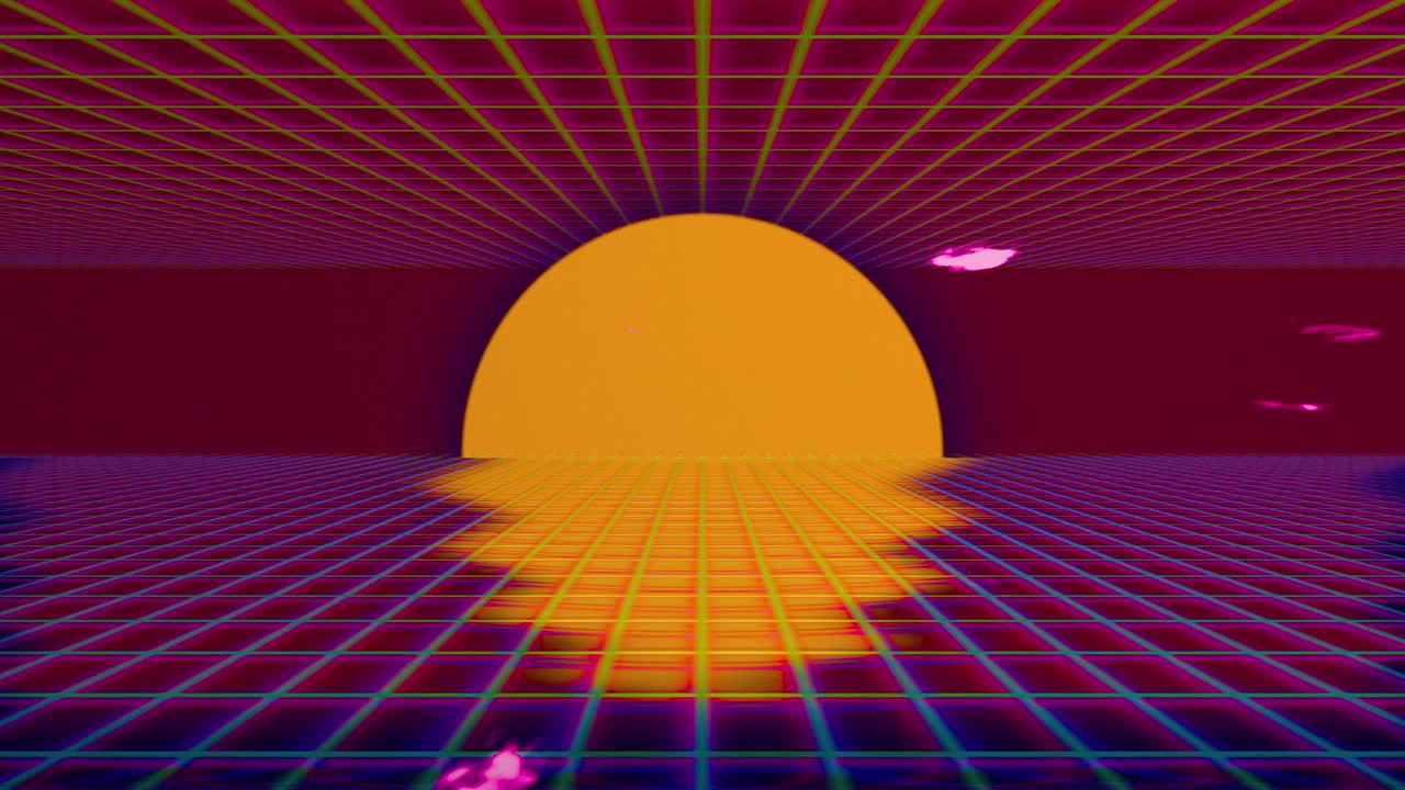 증기파 해가 지고, 황금색 태양이 보라색 은 배경에 구름 입자가 있습니다.