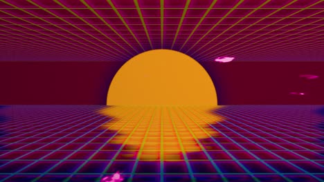 Puesta-De-Sol-De-Vaporwave,-Sol-Dorado-Sobre-Fondo-Rojo-Púrpura-Con-Partículas-De-Nubes