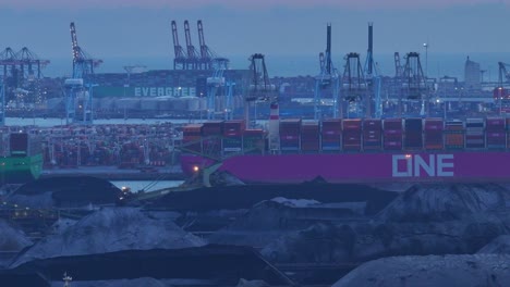 Under-blue-sunset-sky,-Coal-storage,-EMO-Dry-Bulk-Terminal,-Rotterdam