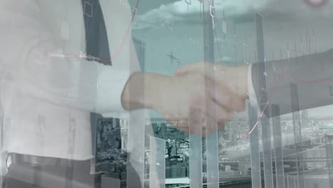 비즈니스맨과 비즈니스맨이 손을 흔드는 중간 섹션에서 통계 데이터 처리