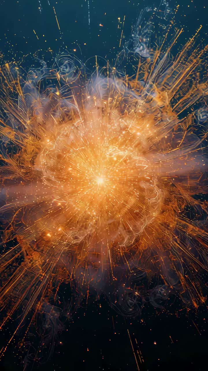 Vertical video: Igniting luminous core emitting energy, expanding against dark void, with filaments