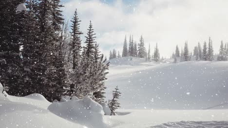 Animation-of-red-pattern-and-snow-falling-over-winter-countryside-scenery