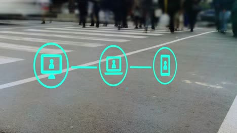 animación de iconos en círculos conectados con líneas sobre el lapso de tiempo de las personas que caminan por la calle