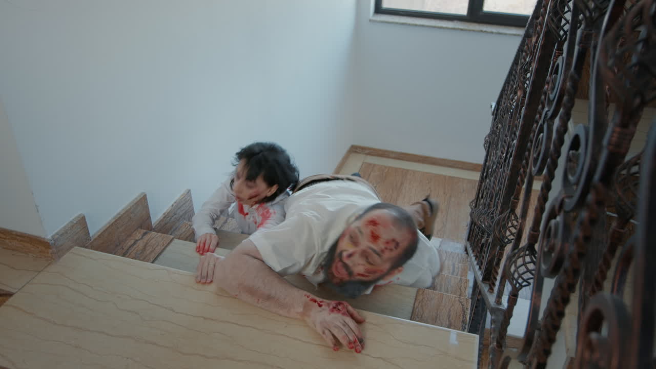 Frightened worker on emergency stairway running away from scary looking doomsday zombies